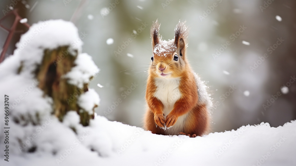 cute red squirrel in the falling snow winter in england cute red squirrel in the falling snow winter in england