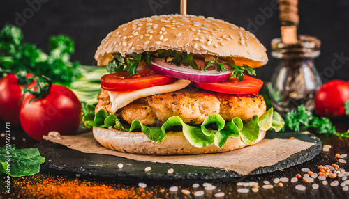 Homemade grilled chicken burger with chicken and vegetables