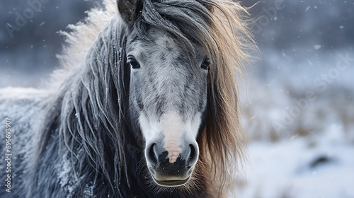fluffy dappled grey andalusian horse in winter with frozen nostrils and wiskers  close up portrait