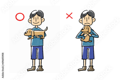 正しい犬の抱き方と間違った抱き方のイラスト