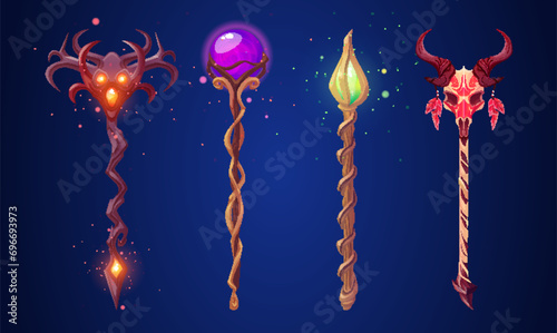 Fantasy scepter made of wood with magic ball, animal skull and glowing neon decorative elements. Cartoon vector illustration set of game wizard and magician weapon with crystal. Sorcerer power stuff.