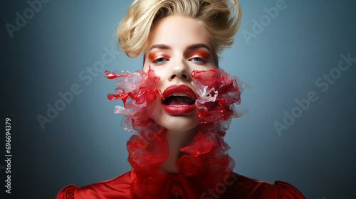 Close-up of beautiful female face. Sensual open mouth with bright red lipstick. Artistic studio portrait of sexy model with bright red lip makeup detail.