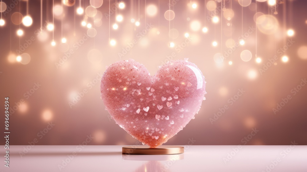 Pink volumetric glossy heart on a golden round stand against the blurred background with bokeh effect. Valentine's Day concept.