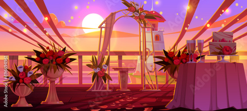 Wedding ceremony evening sunset outdoor setup with altar under arch draped and decorated with flowers on shore with lighthouse. Cartoon vector illustration of outside nature marriage event location.