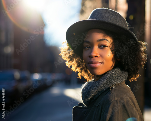 Chic Afro-American Young Woman in a Felt Hat Amidst Urban Streets, Embracing the Cold, Sunny Weather of the Big City