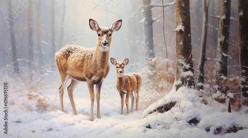 roe deer with his offspring in winter scenery