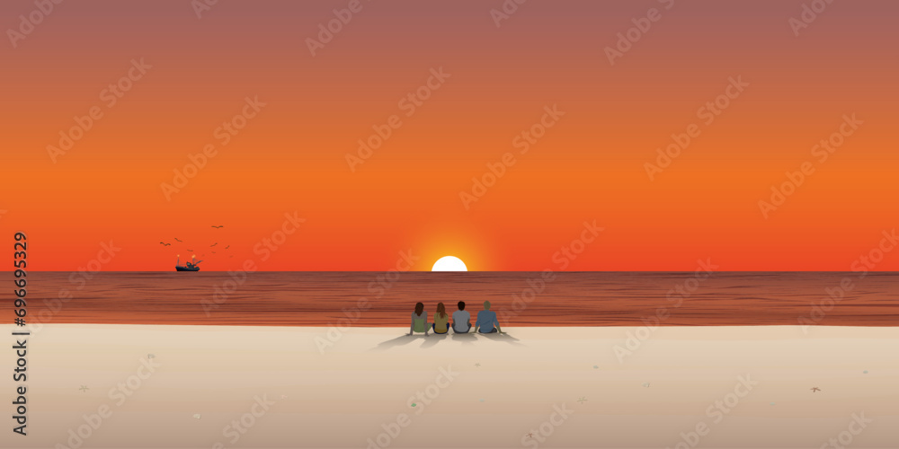 Group of friends sitting together on the beach at sunset with fishing boat followed by seagulls on the horizon vector illustration. Friendship's travelling concept flat design have blank space.