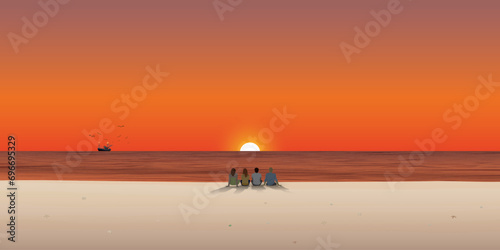 Group of friends sitting together on the beach at sunset with fishing boat followed by seagulls on the horizon vector illustration. Friendship's travelling concept flat design have blank space. #696695329