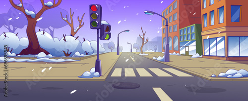City street intersection covered with snow at winter. Cartoon vector snowy cold empty town landscape with sidewalk, traffic lights and pedestrian zebra cross, houses and road with crosswalk.