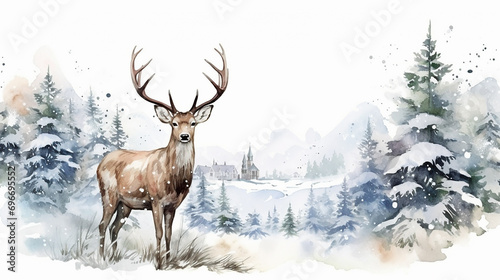watercolor winter illustration wild animals deer in the winter © Aura