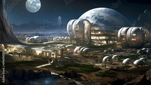A magnified view of a sustainable lunar habitat, complete with living quarters and research labs. photo