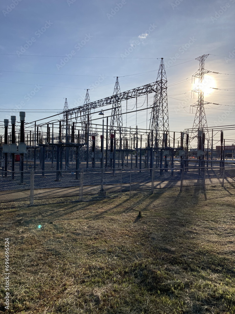High voltage substation in the morning with simplified mood at Nakhonratchasima, Thailand 