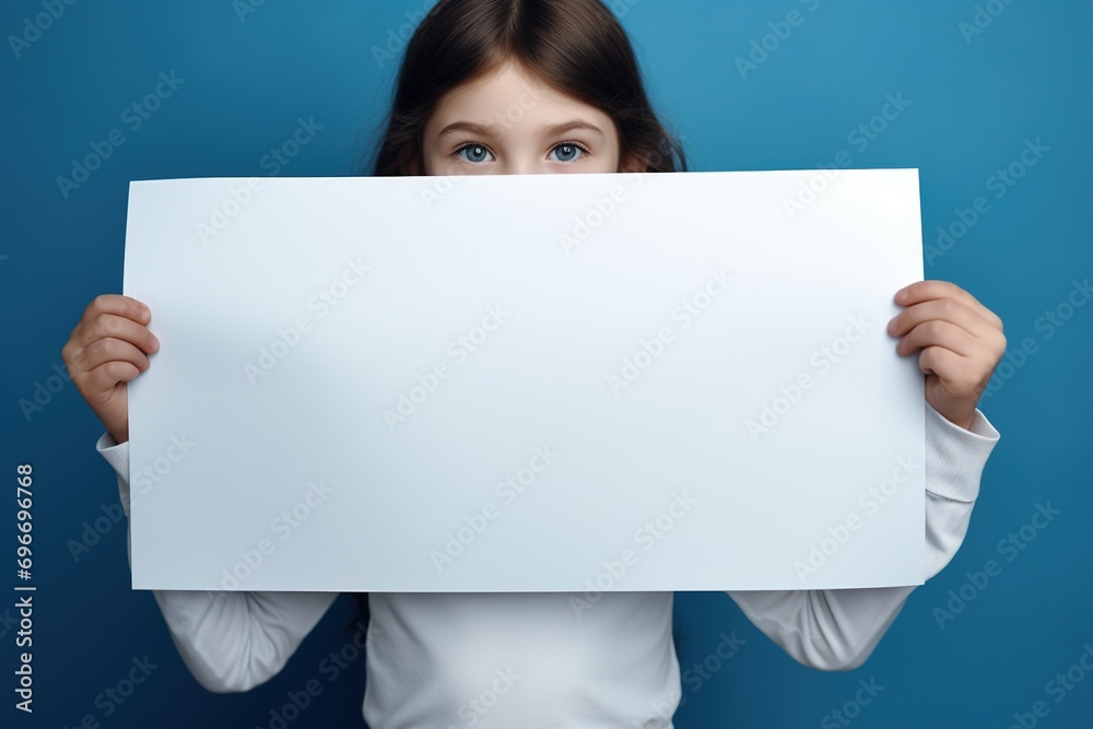 Cute little girl holding blank white sheet of paper in her hands Cute little girl holding blank white sheet of paper in her hands