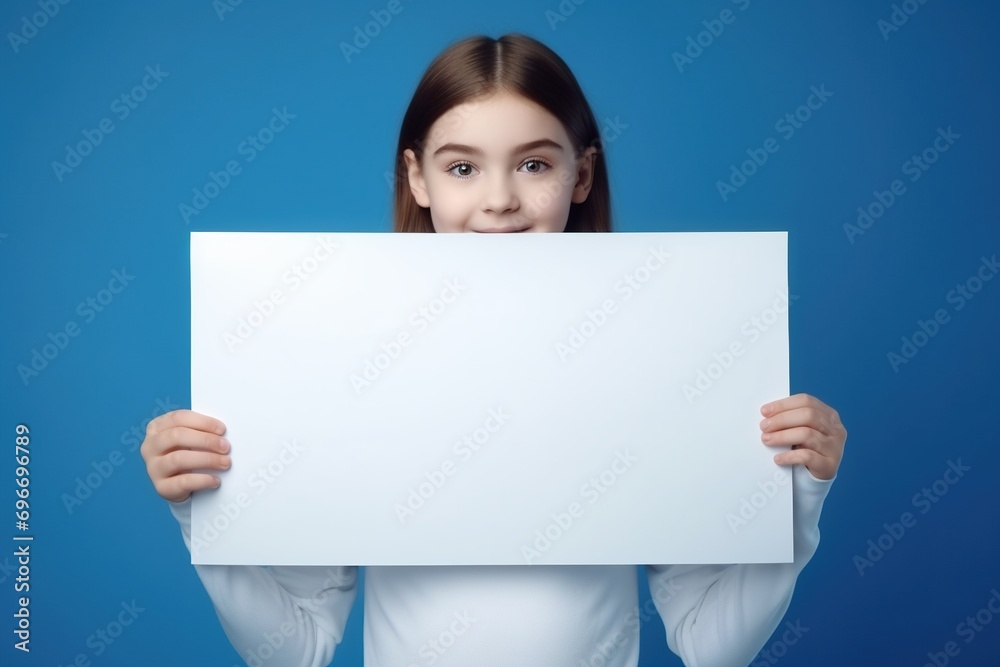 Cute little girl holding blank white sheet of paper in her hands Cute little girl holding blank white sheet of paper in her hands