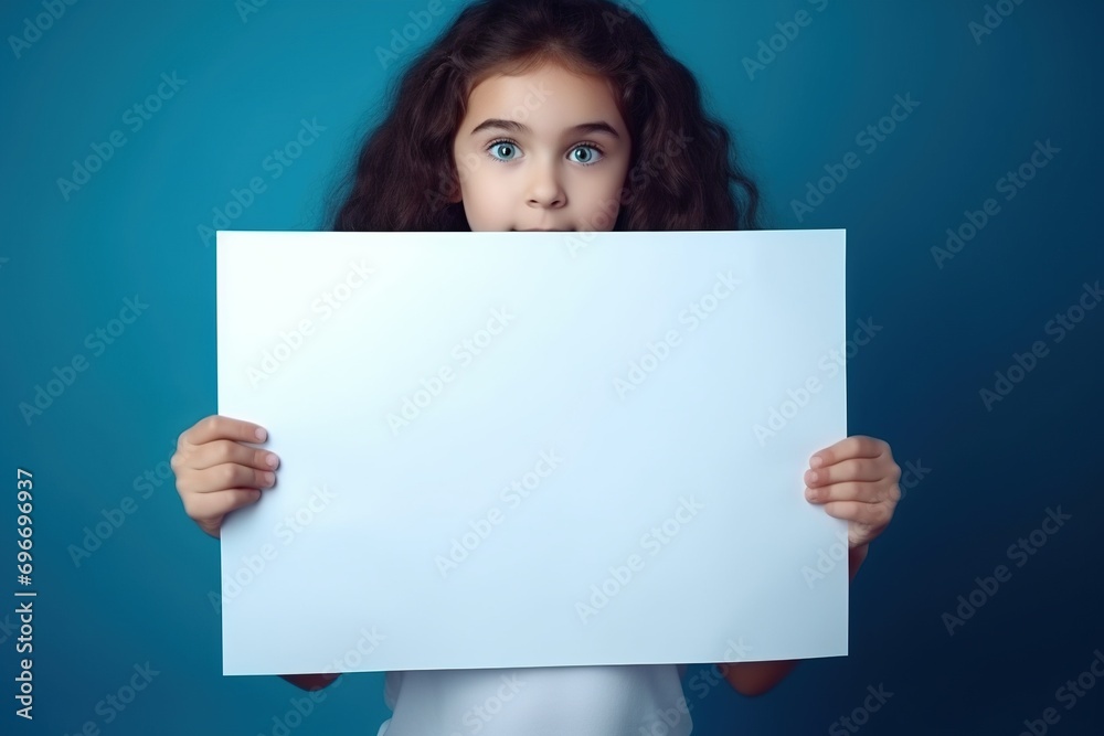 Cute little girl holding blank white sheet of paper in her hands Cute little girl holding blank white sheet of paper in her hands
