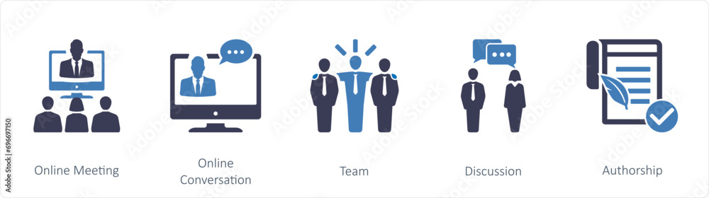 A set of 5 mix icons as online meeting, online conversation, team