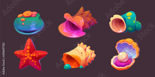 Sea shell and conch, starfish and pearl in clam game icons. Cartoon vector illustration set of marine underwater seashell for game ui design. Bright nautical or aquarium horned, spiral and scallop.