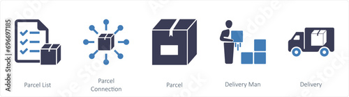 A set of 5 mix icons as parcel list, parcel connection, parcel