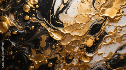 Abstract marble background, alcohol water paints, blur, spots, golden black colors.