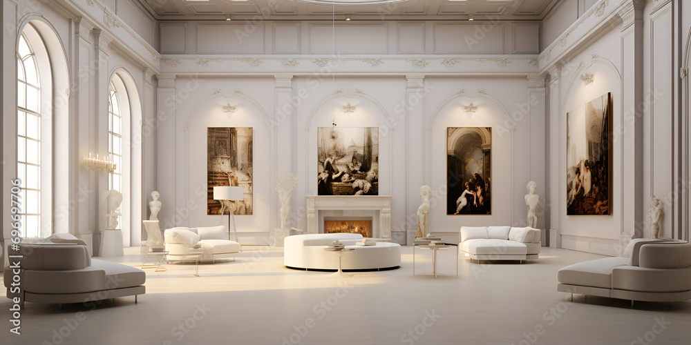 Stylish Hall Images .An Elaborate Hallway With Pillars In A White Background.AI Generative 