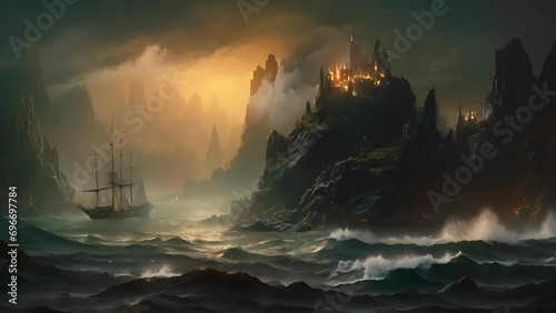 An expansive and misty sea shimmering with a strange light providing an entrancing Fantasy art concept. photo