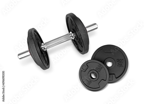 Fotografie Top view of heavy weight plate with split steel bar, transparent background