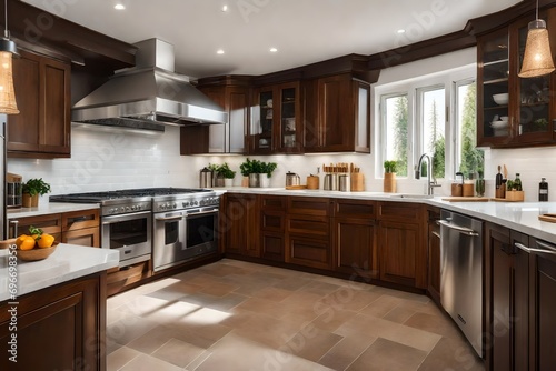spacious kitchen with brown furniture.