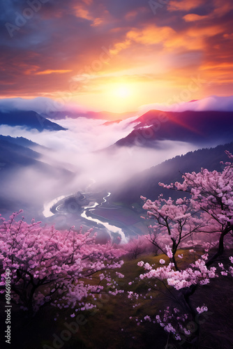 A sunrise over a mist-covered valley with cherry blossoms  AI Generated 