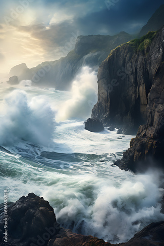 A coastal cliffside with waves crashing against the rocks (AI Generated)