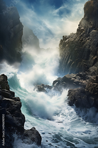 A coastal cliffside with waves crashing against the rocks (AI Generated)