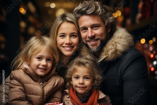 Cheerful parents and their cute little daughters with gift boxes at Christmas fair. Happy Caucasian family preparing to celebrate New Year holidays. Winter holidays and people concept.