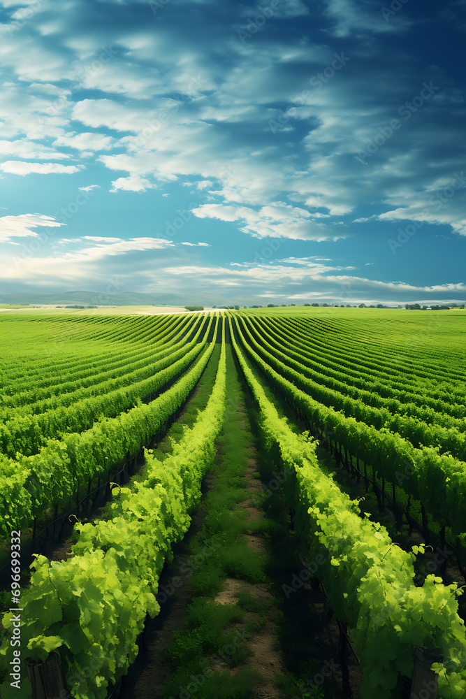A serene vineyard with rows of grapevines and a clear sky (AI Generated)