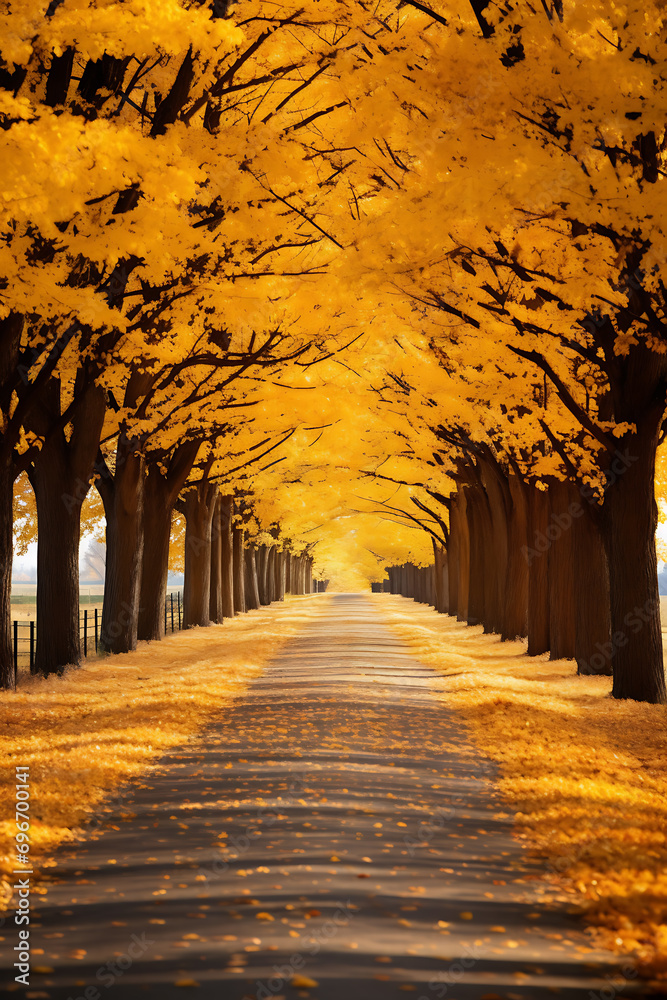A country road lined with oak trees displaying autumn hues, autumn (AI Generated)