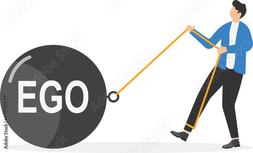Ego burden concept. Businessmen try to pull his ego. Businessman facing ego on his way to success,

