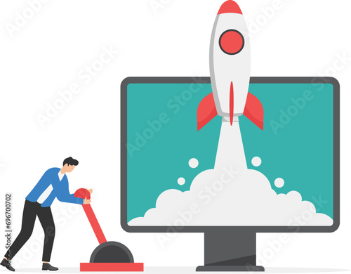 Businessmen launch rockets. Business startup launching products with rocket symbols. Start up concept vector illustration

