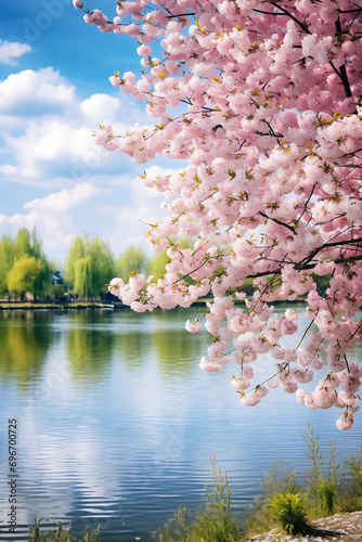 A lakeside scene with blossoming trees and a gentle breeze in late spring, transitional seasons