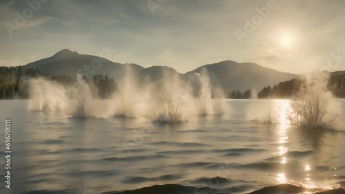 calm serene lake suddenly erupting into frenzy waves earthquakes shockwaves travel through water. photo