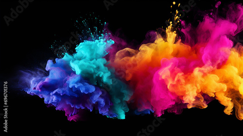 black background with colorful rainbow holi paint color powder explosion