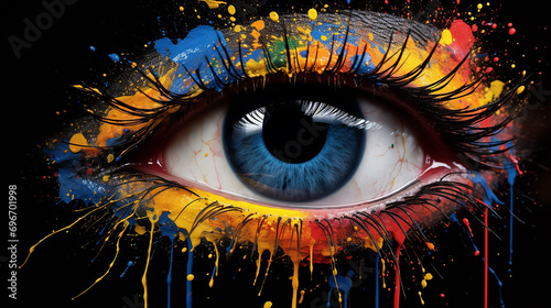 conceptual creative photo of a female colorful paint eye closeup
