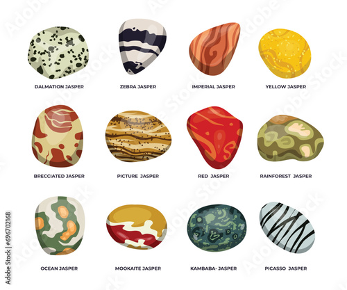 Set of Set of different types of jasper stone collection, Semi precious gemstones isolated icons, crystal healing mineral rocks, mineral stone dice colorful shiny crystalline.