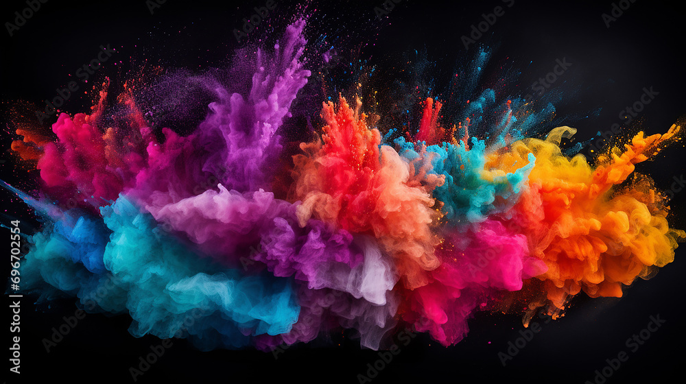 launched colorful powder on black background - obrazy, fototapety, plakaty 
