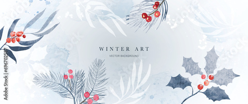 Winter background vector. Hand painted watercolor and gold flower, botanical leaves, holly berry hand drawing. Abstract art design for wallpaper, wall art, cover, wedding. invite card.