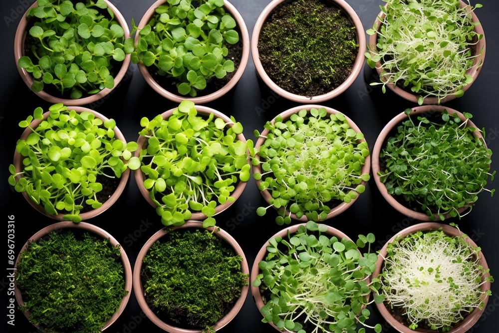 Sprouts in white bowls from above. Sprouting microgreens. Seedlings, young plants. Sprouts in white bowls from above. Sprouting microgreens. Seedlings, young plants.