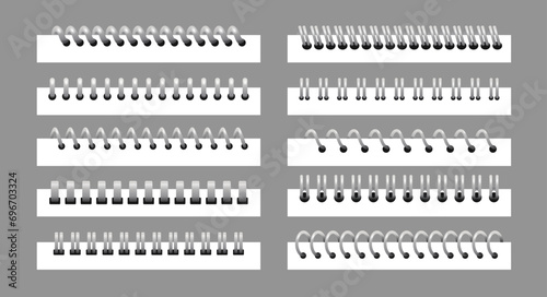 Set of Metal binder. Realistic silver or black spiral coils for notebook. paper sheet holders various shapes, 3D helical fastening sheets set and sketchbook bindings rings transparent background.