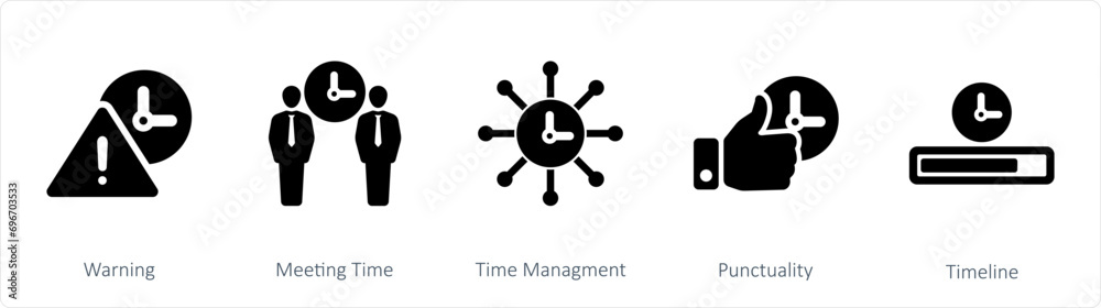 A set of 5 mix icons as warning, meeting time, time management A set of 5 mix icons as warning, meeting time, time management