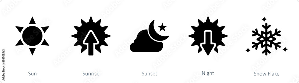 A set of 5 mix icons as sun, sunrise, sunset A set of 5 mix icons as sun, sunrise, sunset