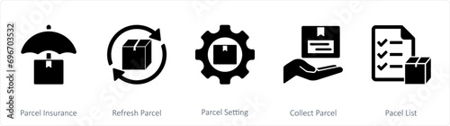 A set of 5 mix icons as parcel insurance, refresh parcel, parcel setting
