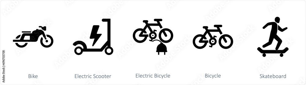 A set of 5 mix icons as bike, electric scooter, electric bicycle A set of 5 mix icons as bike, electric scooter, electric bicycle