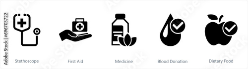 A set of 5 mix icons as stethoscope, first aid, medicine