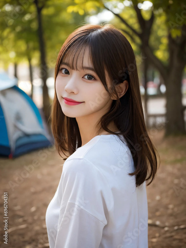 Japanese girl enjoying camping in the mountains. Generative AI